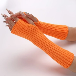Close-up of bright orange ribbed knit arm warmers with fingerless design and elastic texture