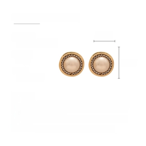 Detail view of French retro round pearl earring with gold chain trim and silver needle