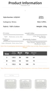 Tableau des tailles pour robe longue en coton marron avec mesures pour S, M et L