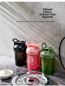 Three fitness shaker bottles in black pink and green on a gym background with weights