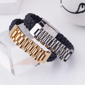 Men Stainless Steel Bracelet Leather Woven Cord Metal Watch Band Buckle Zircon Punk Trendy Jewelry Wristband