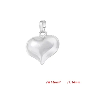 Polished silver heart pendant dimensions detail showing 18mm width and 24mm length