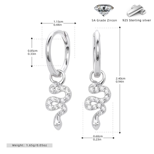 Detailed size specifications of 925 sterling silver snake earrings with 5A grade zircon