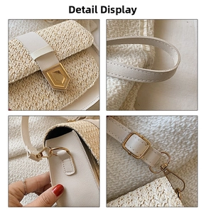 Close-up of golden geometric buckle and woven straw texture on beige saddle bag
