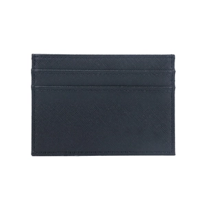 Close-up of black Saffiano leather card holder showing slim slots and textured finish