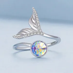 Dreamy S925 sterling silver mermaid tail ring with iridescent scales and zircons