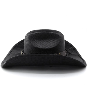 Detailed view of black cowboy hat featuring a dark brown leather band with metal studs