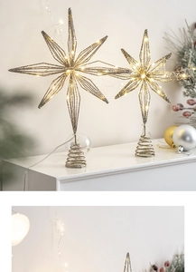 Dual sizes of lighted star tree toppers with warm LED glow and glitter finish