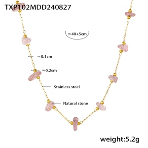 Detail of pink natural stone necklace with gold stainless steel chain dimensions