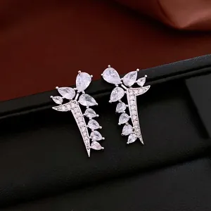 Luxury silver-tone leaf stud earrings with pear-shaped cubic zirconia on velvet