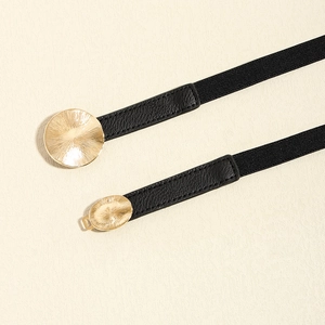 Elegant elastic skinny waist belt for dresses with golden textured metal buckles