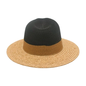 Minimalist French style straw sun hat with black crown and tan brim for summer beach vacation