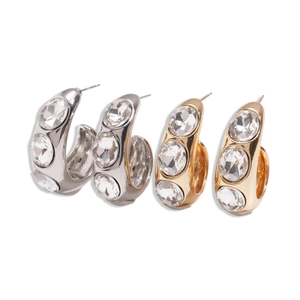 Chic geometric C-shaped earrings with large faceted crystals in gold and silver finish