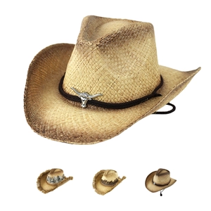 Western Cowboy Straw Hat Wide Brim Raffia Fringed Retro With Metal Bull Head Feather Decoration For Men Women Sunshade