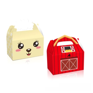 Detail of red barn-shaped gift box and yellow floral animal carton for farm parties