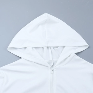 Detail of white yoga jumpsuit hood stitching and high-quality zipper closure craft