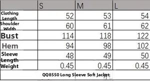 Detailed size chart for women's bomber jacket set including S, M, L measurements
