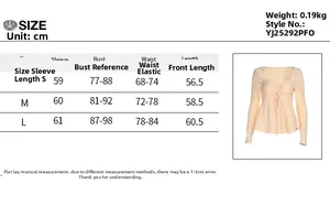 Detailed size chart for long sleeve top including sleeve length and bust measurements