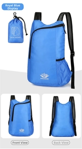 Foldable royal blue sports backpack with breathable mesh straps and storage pouch