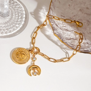 18K gold-plated stainless steel coin bracelet with crescent zircon pendants for women