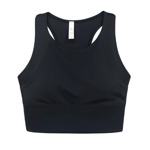 Dettaglio del reggiseno sportivo nero con dorso a vogatore e ampio orlo elastico