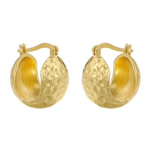 Golden hammer textured hoop earrings in geometric dome shape with metallic finish