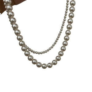 Double layered white pearl necklace with zircon digit pendant in French elegant style