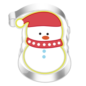 Macro detail of snowman shaped stainless steel cookie cutter with festive printed patterns