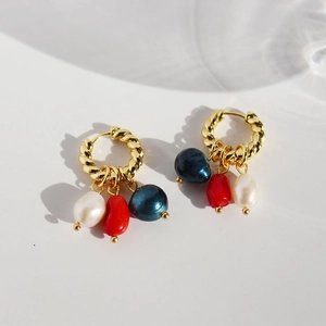 Gold twisted hoop earrings with natural pearls and colorful beaded tassels for women