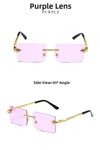 Detail of rimless square sunglasses featuring gold snake-shaped metal temples and purple lenses