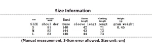 Detailed size chart with measurements for the long sleeve printed cotton jacket