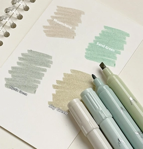 Detail of dual-tip highlighters in soft Morandi colors showing round and chisel nibs