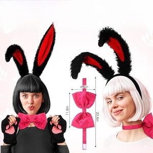 Detail view of pink bow collar and bunny ear headband with size specifications in inches