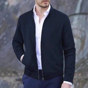 Men's navy blue slim fit stand collar jacket with metal zipper closure for casual wear