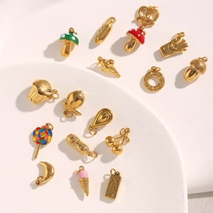Food Pendants Stainless Steel 18K Gold Plated Enamel Cute Croissant Donut Mushroom For DIY Jewelry Making Necklaces Fashion