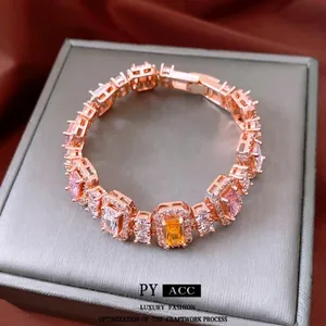 Luxury Rose Gold Copper Bracelet Colorful Rectangular Zirconia Halo Setting French Palace Vintage Jewelry For Women