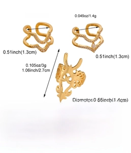 Detailed view of 3-piece gold zircon nail ring set with specific weight and size specs