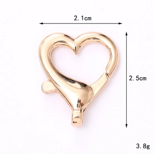 Macro view of heart-shaped rose gold zinc alloy lobster clasp with dimensions and weight