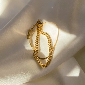 Minimalist double-layered gold bracelet with Cuban and snake chain in 18KGP finish