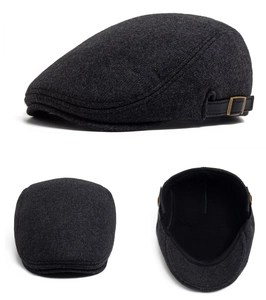 Detailed views of dark grey wool flat cap showing fabric texture and metal buckle adjustment