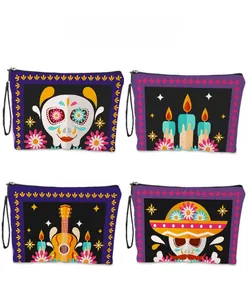 Detailed pattern display of Day of the Dead makeup bags with sugar skull designs