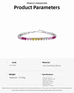 Detail view of 925 silver bracelet featuring 4mm heart-shaped multi-color 5A zircons