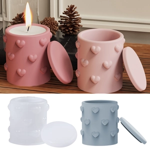 Heart Embossed Silicone Mold Cylinder Storage Box Jar Candle Cup For DIY Resin Gypsum Crafting With Lid