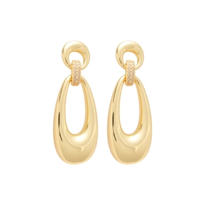 Polished gold plated oval stud earrings with micro-set zircon and silver pins for women