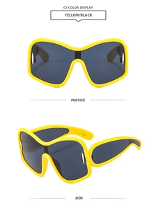 Front and side view of Y2K wrap around oversized yellow frame sunglasses with dark lenses