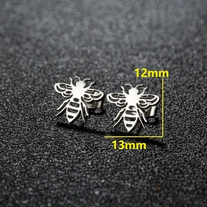 Polished stainless steel honey bee stud earrings with hollow design, size 13mm x 12mm