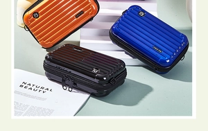 Three miniature hardshell suitcase bags in orange, blue, and black on a white platform
