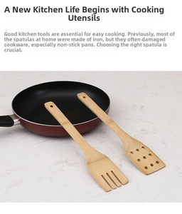 Close-up of bamboo spatula and slotted turner with non-stick cookware on marble surface