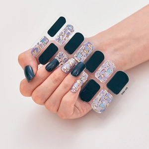 Deep green and laser blue marble 3D nail stickers with gold foil accents, set DQ3-105