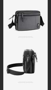 Detail of gray nylon shoulder bag featuring multi-layer zip pockets and adjustable strap